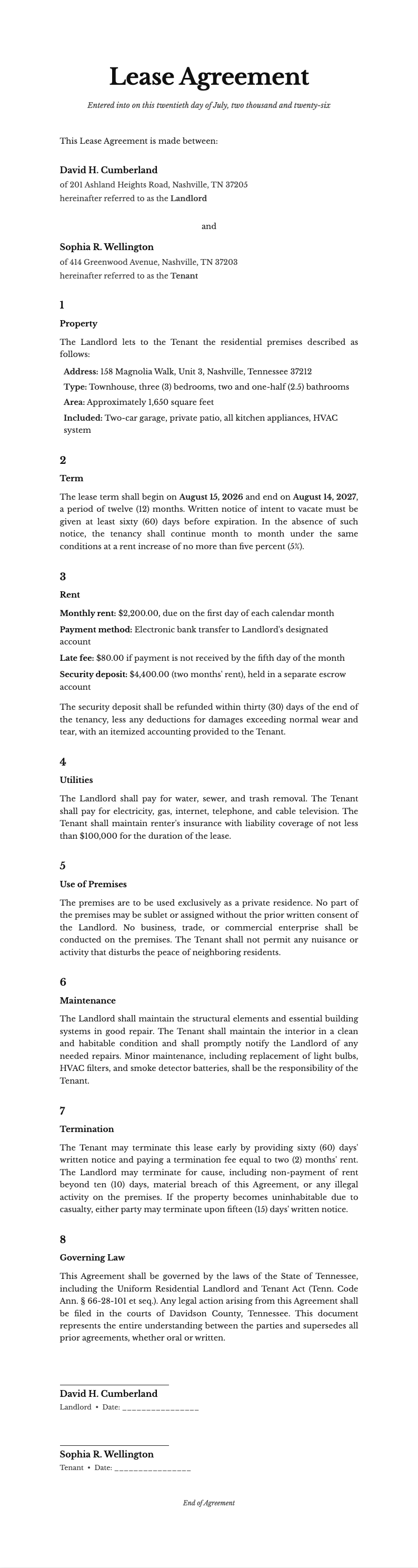 Pure typographic rental agreement